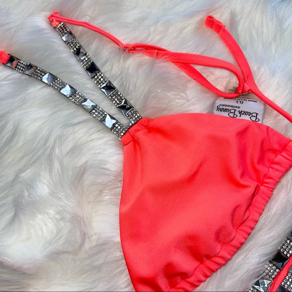 BEACH BUNNY Cosmic Crystal/Rhinestone Coral Bikini swim Set Large/Small neon